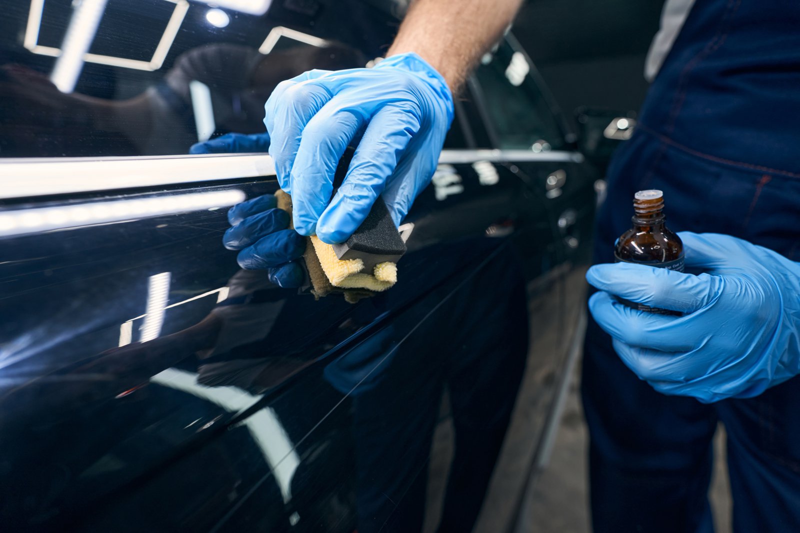 Person applying ceramic coating on the door of a BMW
