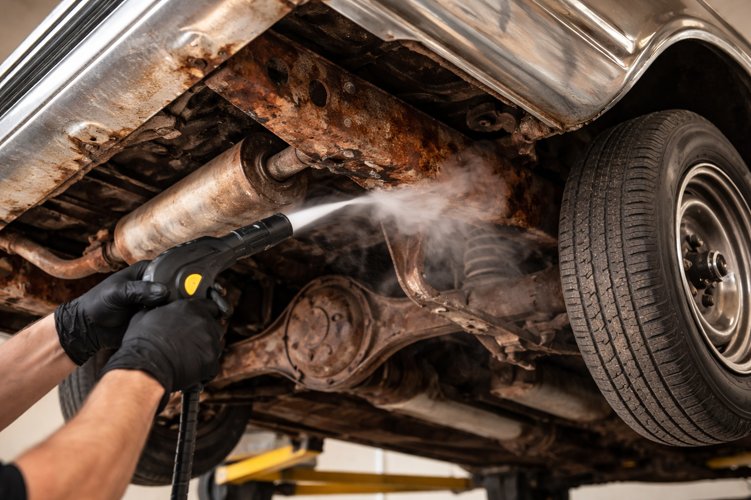 Steam cleaning rust on undercarriage of car