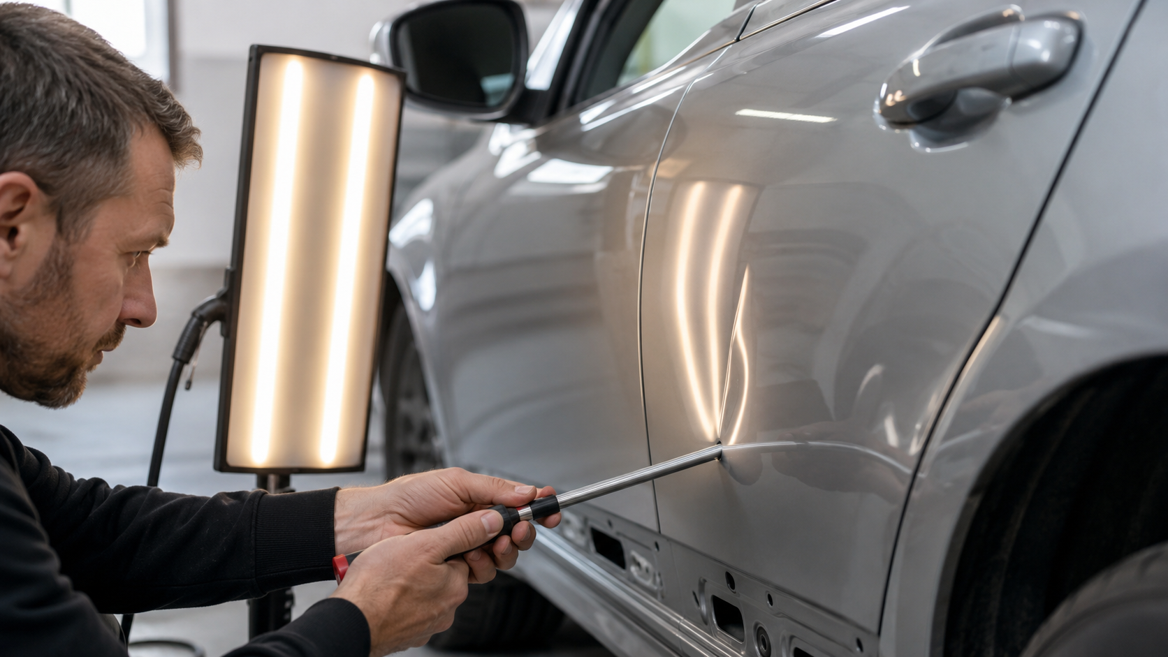 Man performing paintless dent repair service