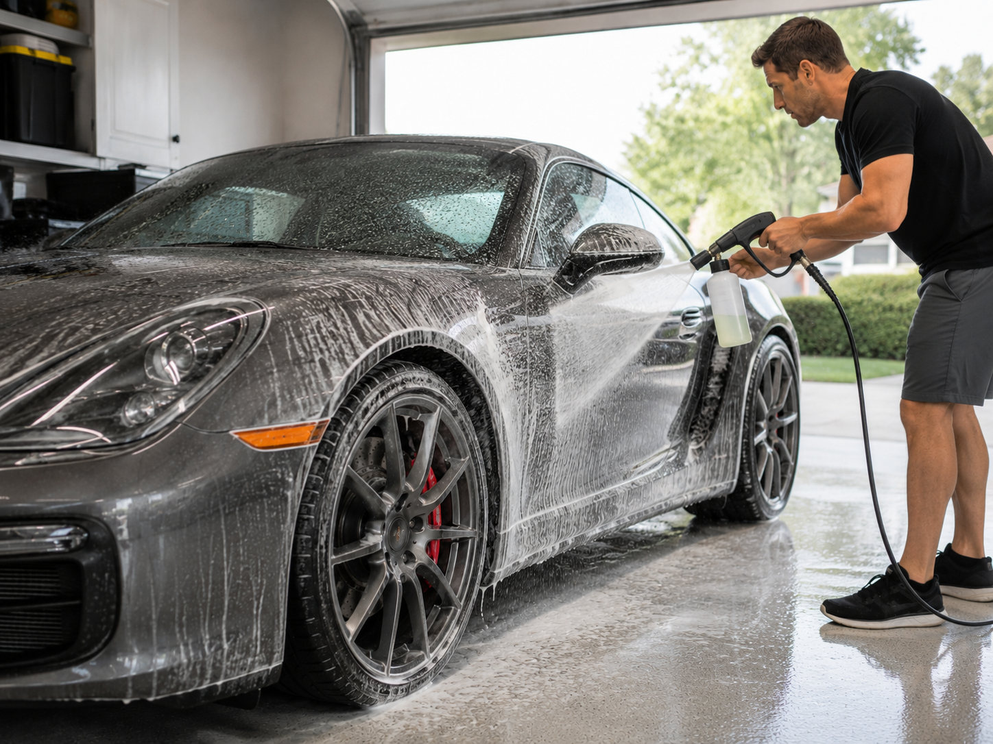Washing a sports car in a garage