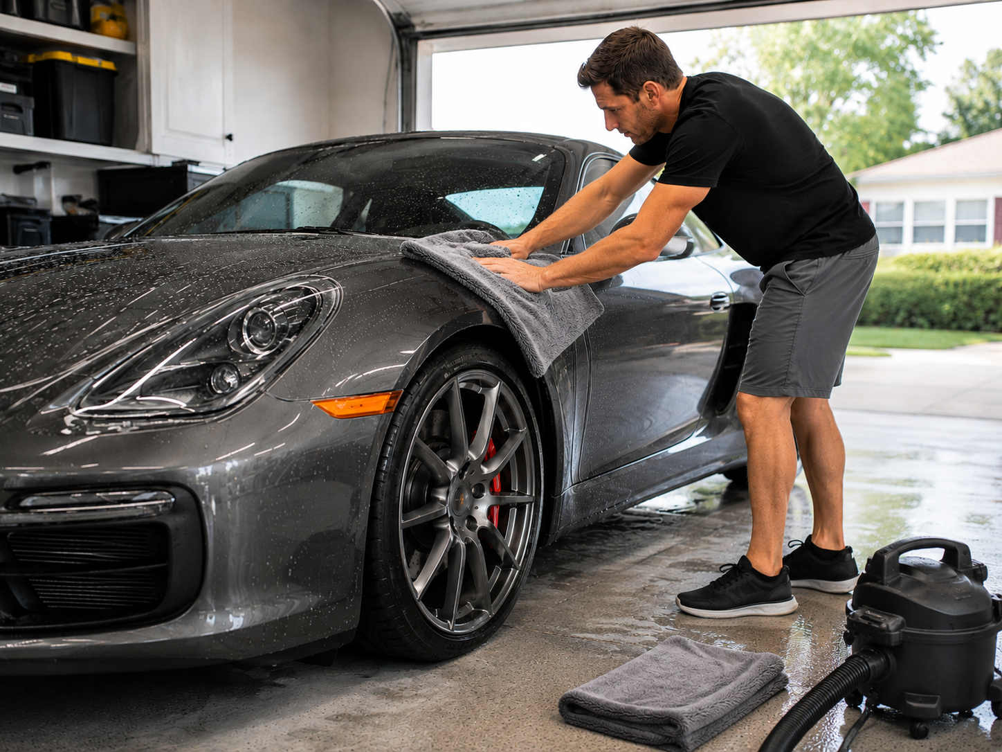 Drying a sports car in a garage