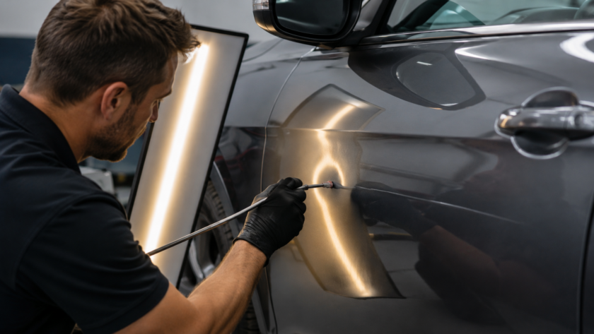 Paintless dent repair on a car