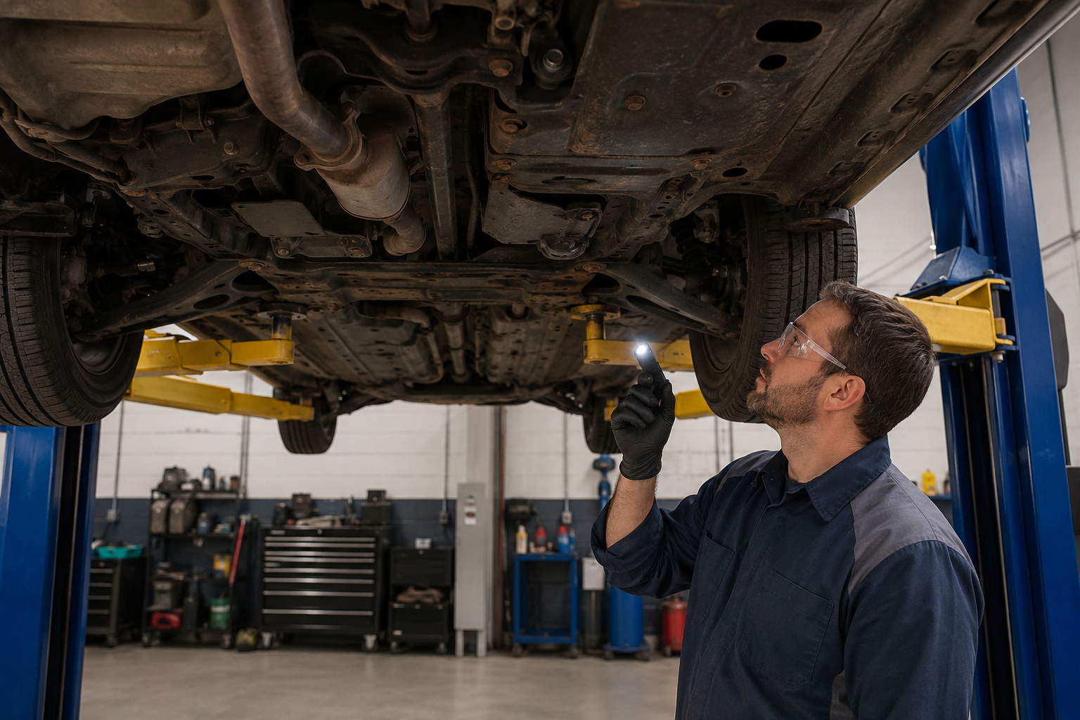 Inspecting the underbody of a car for rust