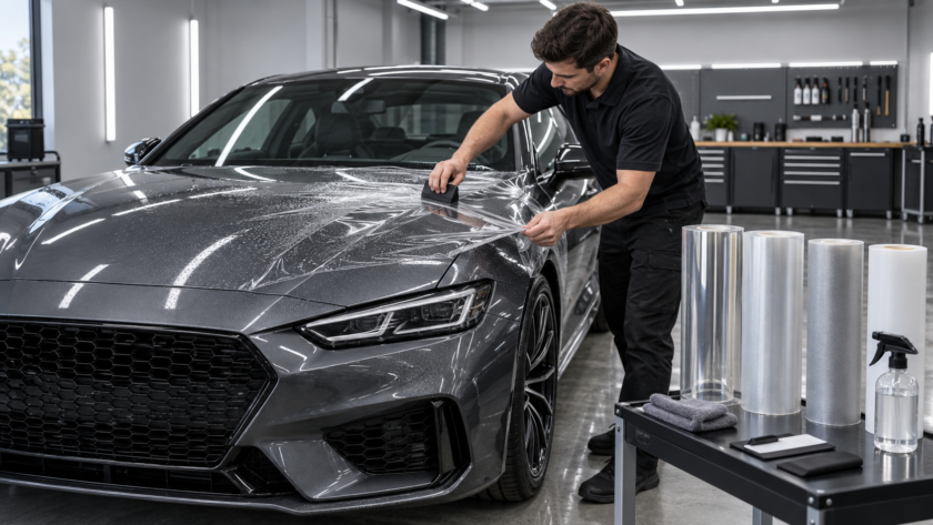 Man applying PPF to car
