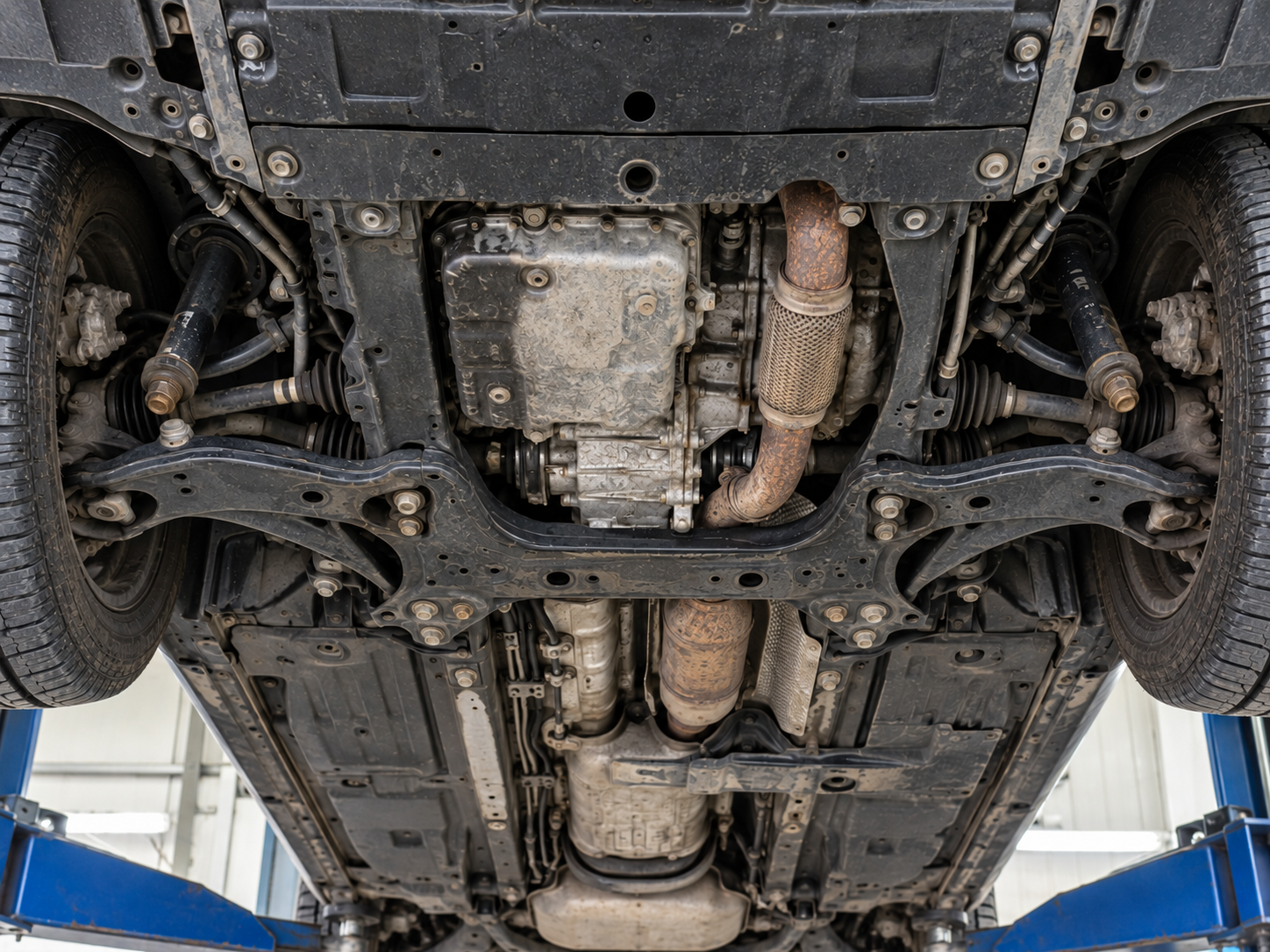 Daily-driver car undercarriage after steam cleaning with cleaner panels, hardware, and wheel-well areas.