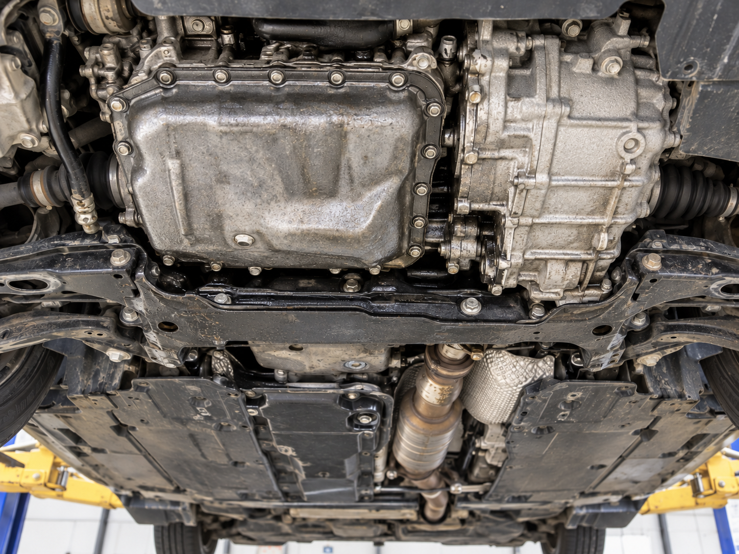 Performance car undercarriage after steam cleaning with reduced oil residue and visible mechanical details.