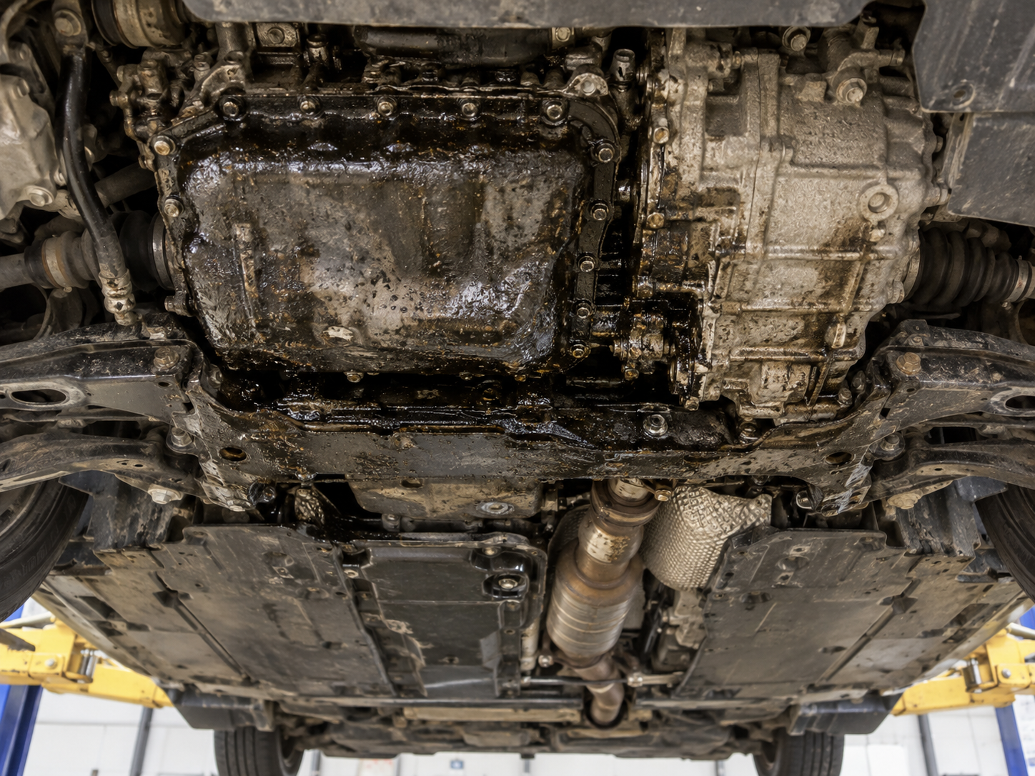 Performance car undercarriage before steam cleaning with oil, grease, and trapped dust.