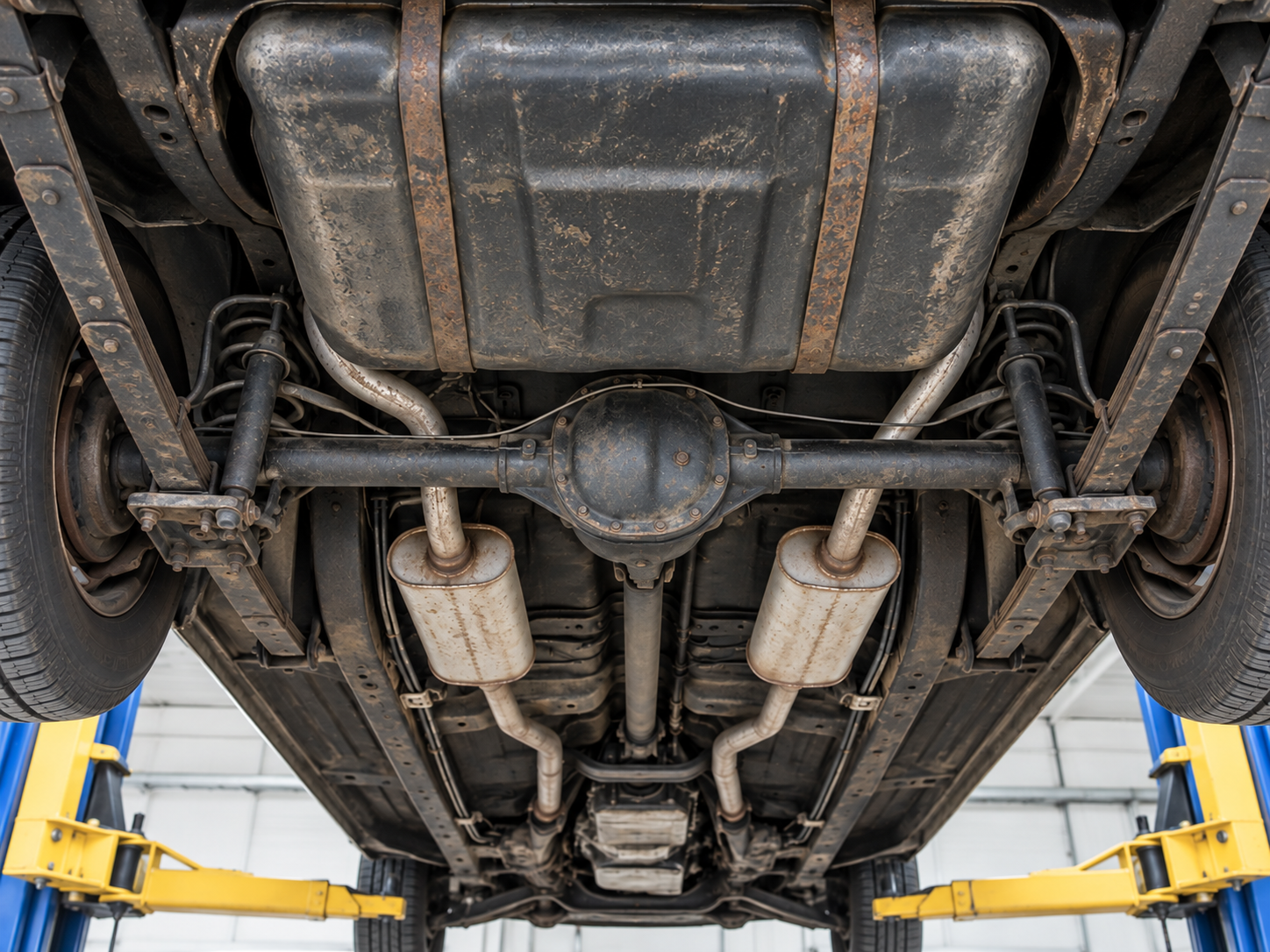 Classic collector car undercarriage after steam cleaning with clearer finishes, hardware, and suspension parts.