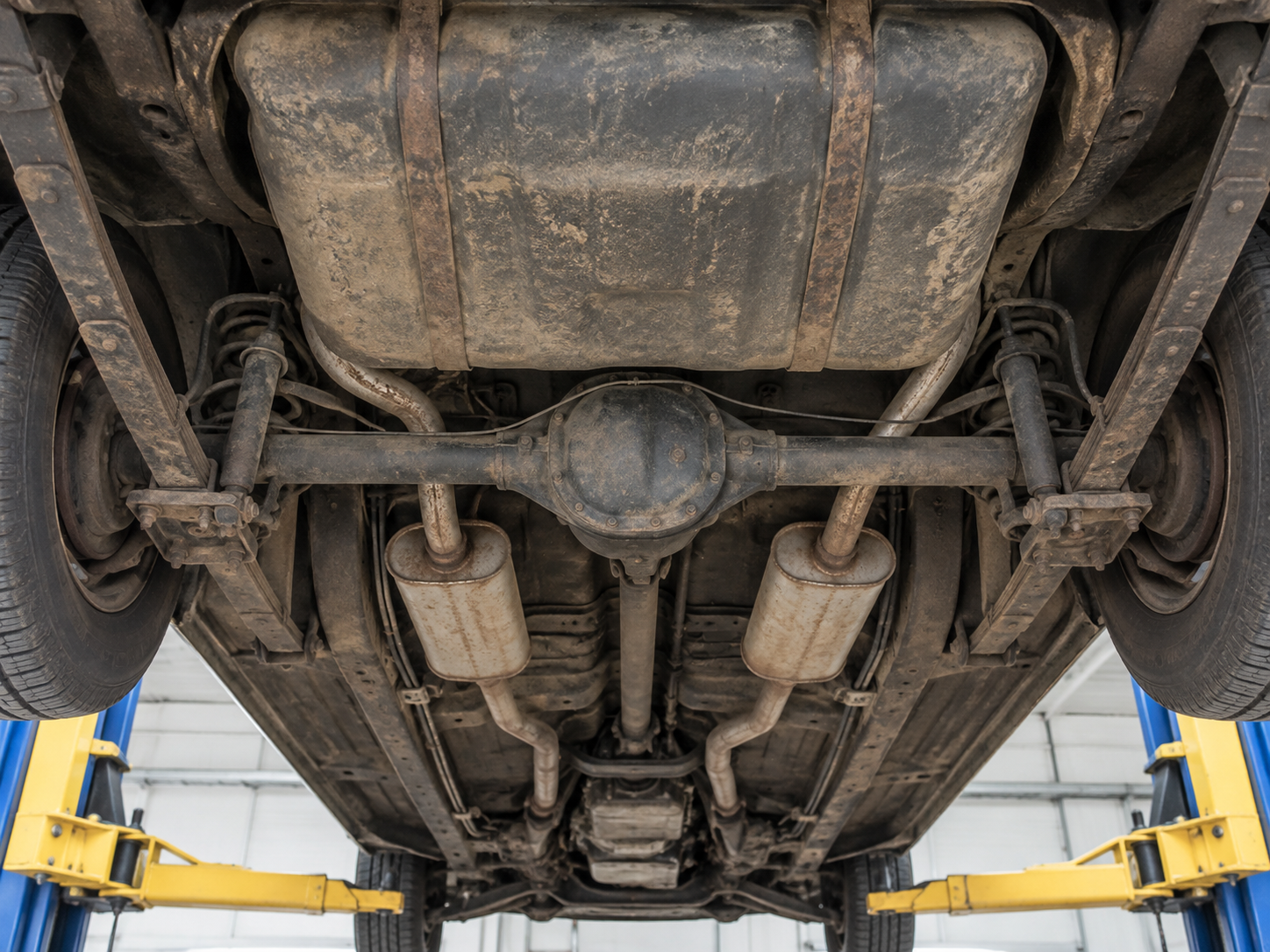 Classic collector car undercarriage before steam cleaning with aged dirt, grease, and road residue.